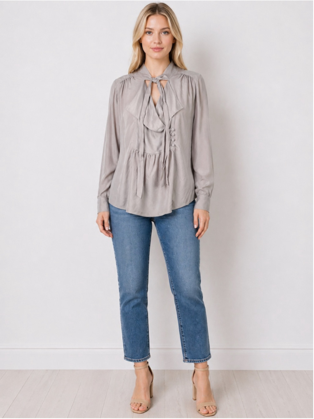 BCBGMAXAZRIA Cleona Silk Blouse Size L Gray Tie Neck Bow Long Sleeve Workwear